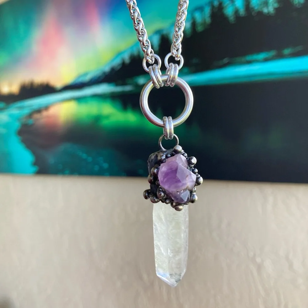Natural raw purple amethyst &  crystal quartz gemstone boho charm necklace - Picture 5 of 16
